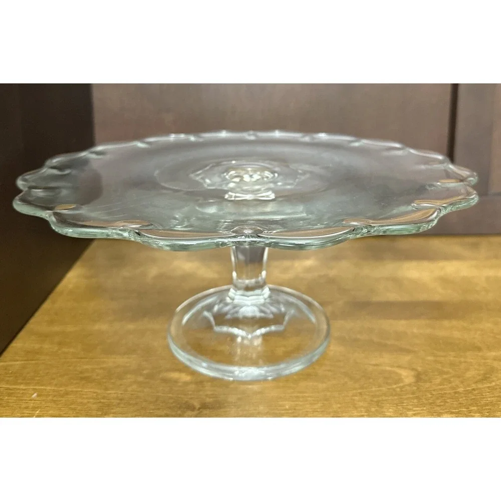 Indiana Glass Pedestal Cake Pastry Stand Teardrop Clear Scalloped Edges Plate